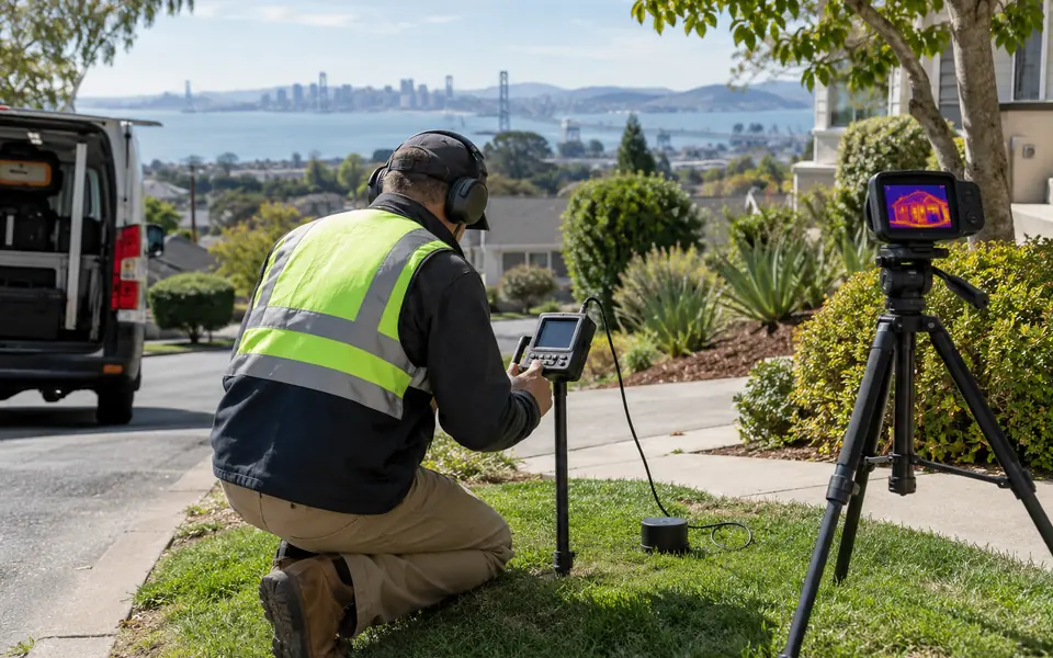 Lead leak detection specialist in Newark CA calibrating acoustic ground microphone and thermal camera