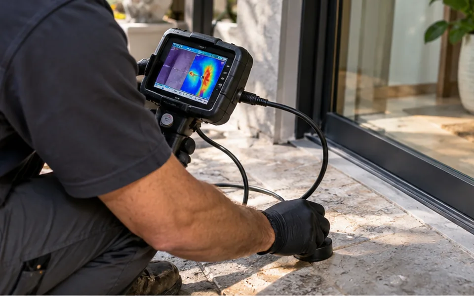 Leak detection technician in Newark CA with acoustic listening gear, thermal camera, and pressure gauges