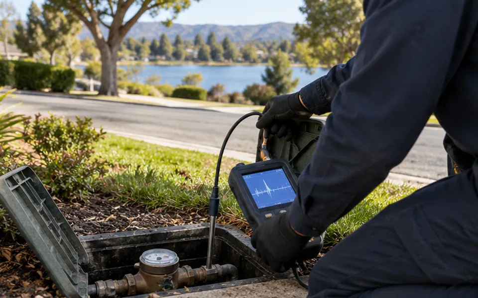 Leak detection Fremont CA technician checking a water meter outside a home near Lake Elizabeth