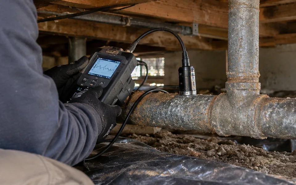 Leak detection Old Town Newark Newark technician inspecting old galvanized pipe in a crawlspace