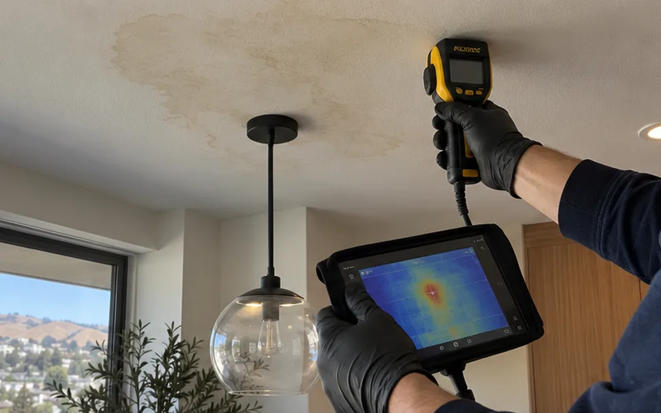 Leak detection Warm Springs Fremont technician checking a ceiling stain in a new condo