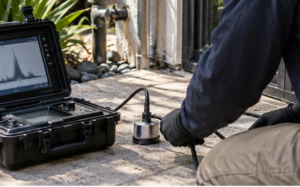 Commercial leak detection Newark CA technician checking a water meter at a business park