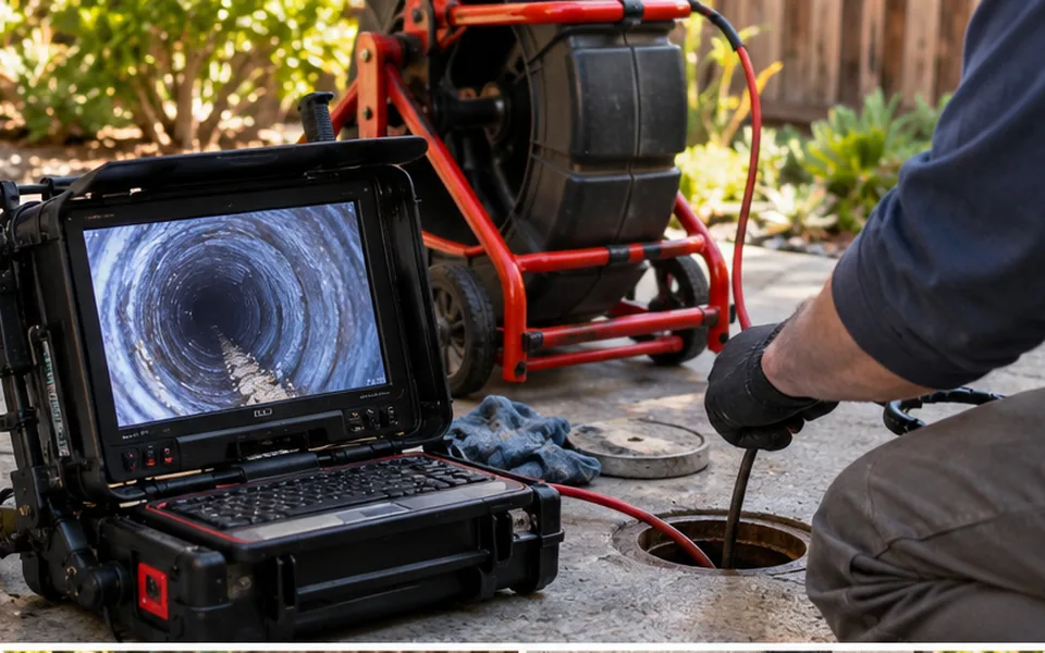 Drain line leak detection Newark CA technician setting a test ball in a cleanout