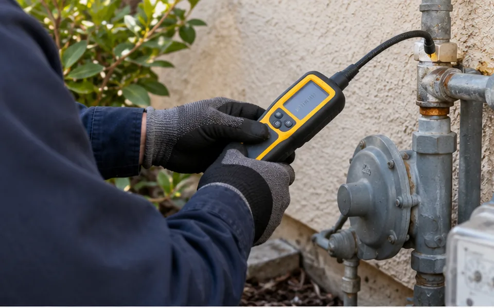 Gas leak detection Newark CA technician checking a gas fitting with an electronic detector