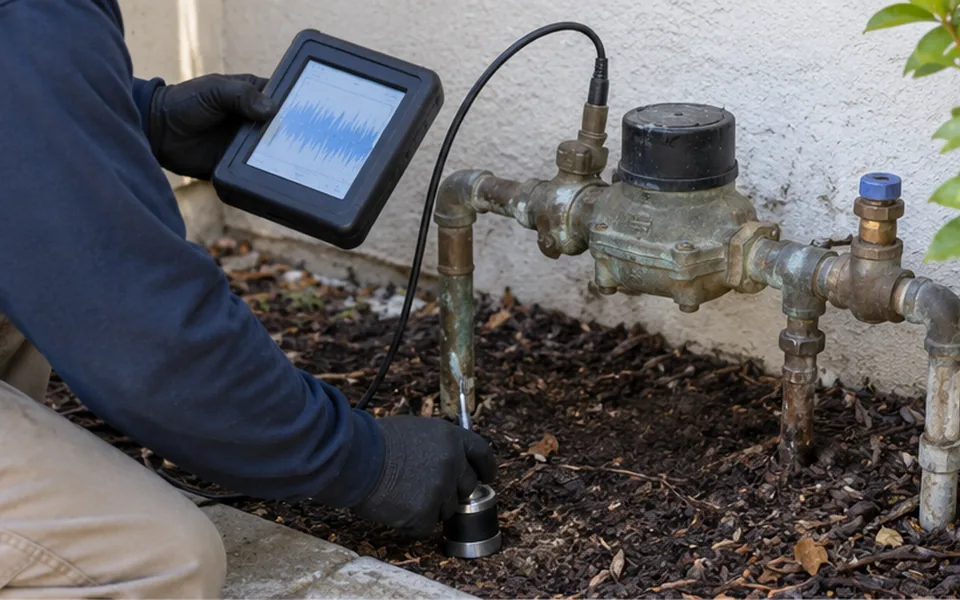 High water bill leak detection Newark CA technician reading a water meter at a home