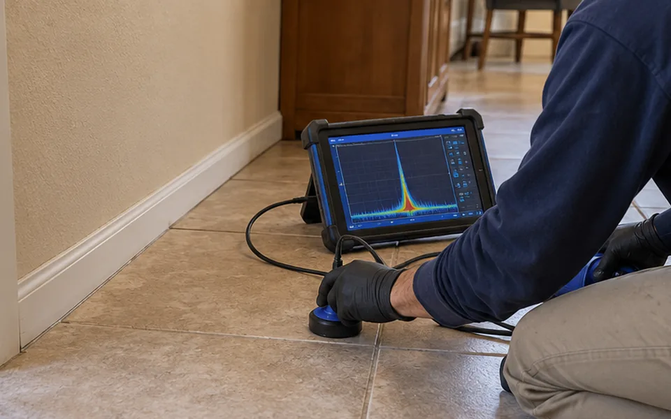 Hot water slab leak detection Newark technician reading a thermal image of a warm kitchen floor