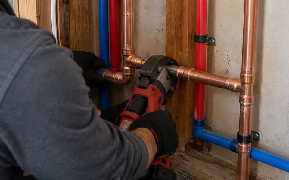 Repiping Newark CA plumber installing a PEX manifold and new supply lines in a garage