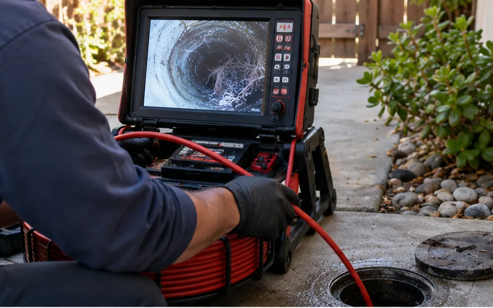 Sewer camera inspection Newark CA technician reviewing live video from a lateral line
