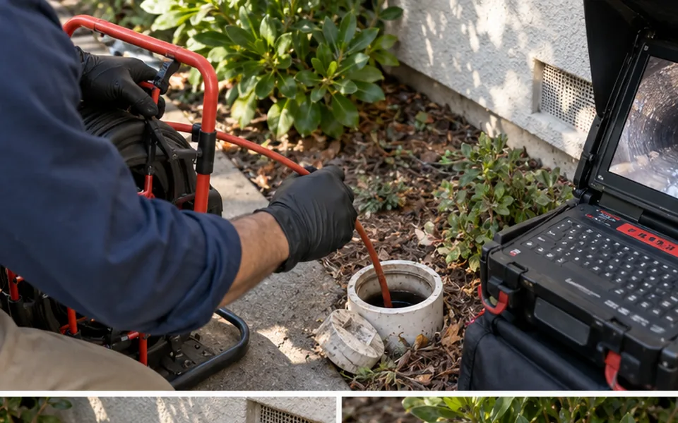 Sewer leak detection Newark CA technician feeding a camera into a cleanout
