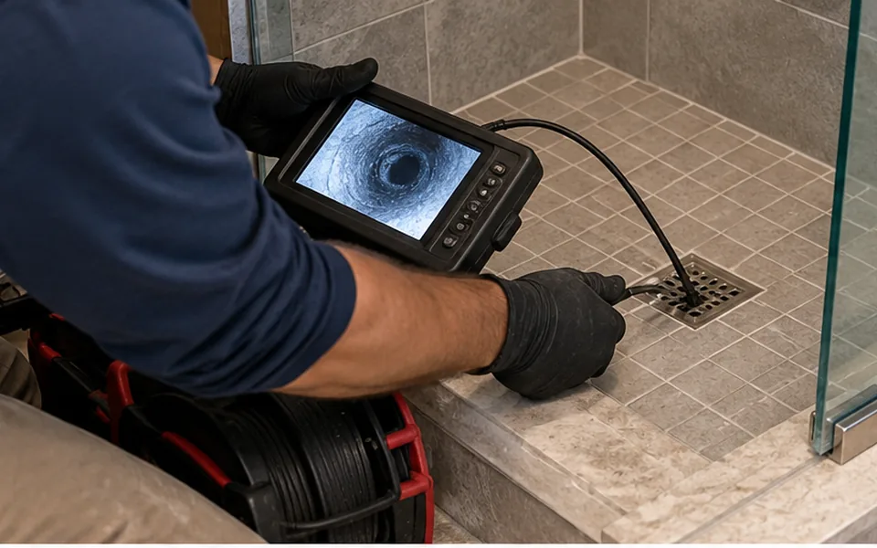 Shower pan leak detection Newark CA technician plugging a shower drain for a flood test