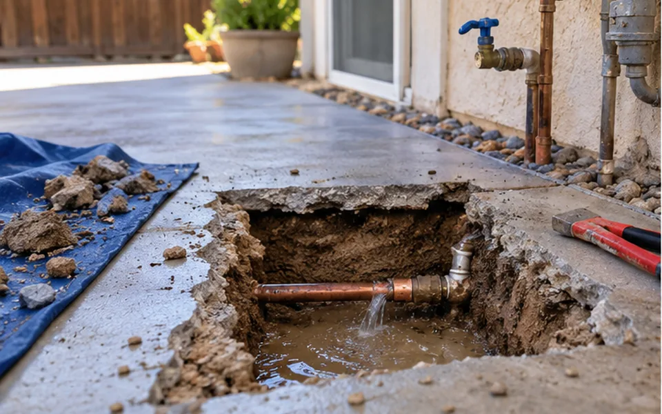 Slab Leak Repair in Newark, CA — non-invasive acoustic and thermal leak pinpointing mark before opening