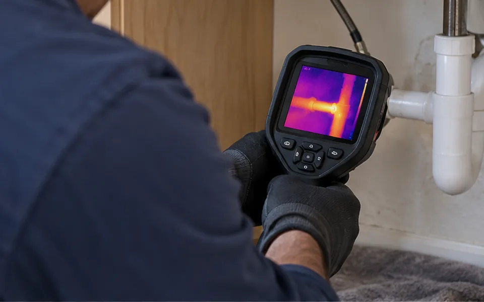 Thermal imaging leak detection Newark CA technician scanning a wall with an infrared camera