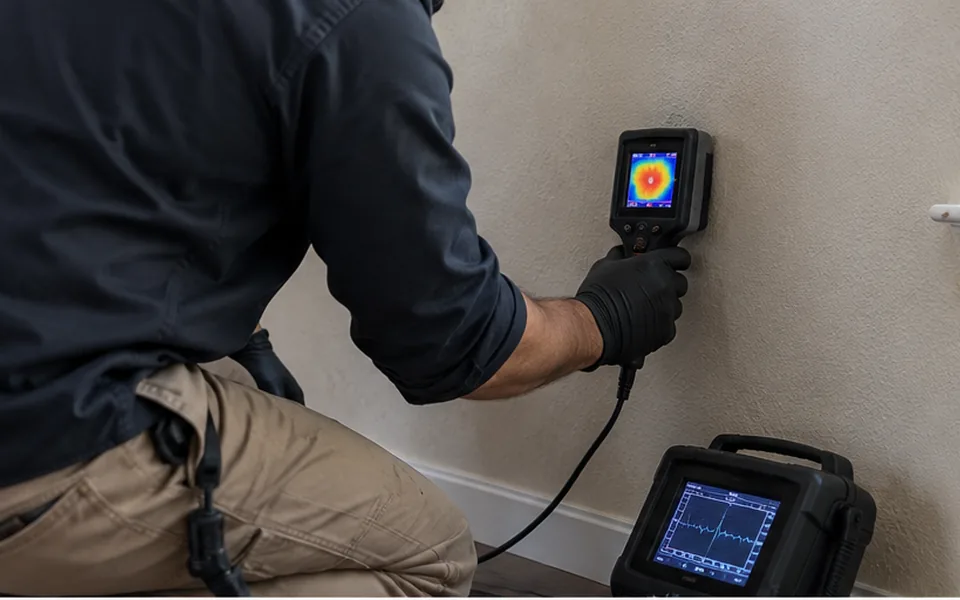 Wall leak detection Newark CA technician scanning a bathroom wall with a moisture meter